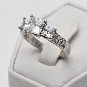 THL SAMUEL AARON 925 Silver Princess Cut 3 Stone CZ Ring Sz 7 Engagement Bridal